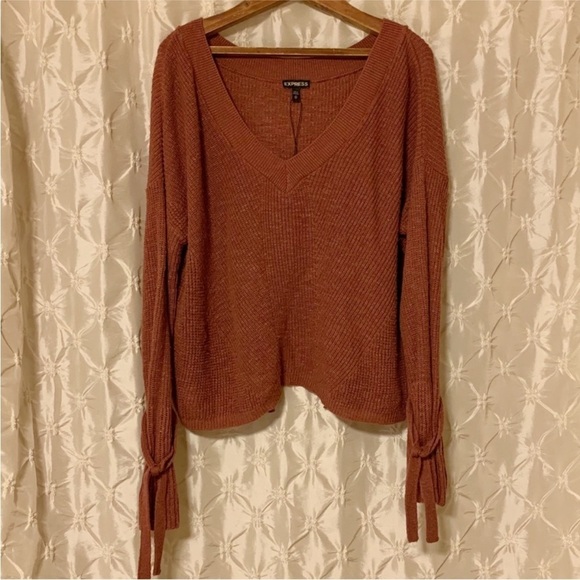 Express Tie Sleeve Split Back Cropped Sweater Pink Brown V Neck Oversized Knit - Picture 3 of 13